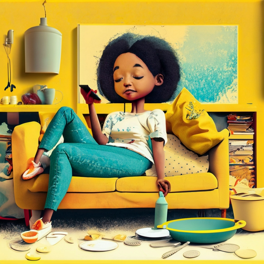 A woman is slouched on a couch watching television. The room is a vivid yellow and full of dirty pans and plates.